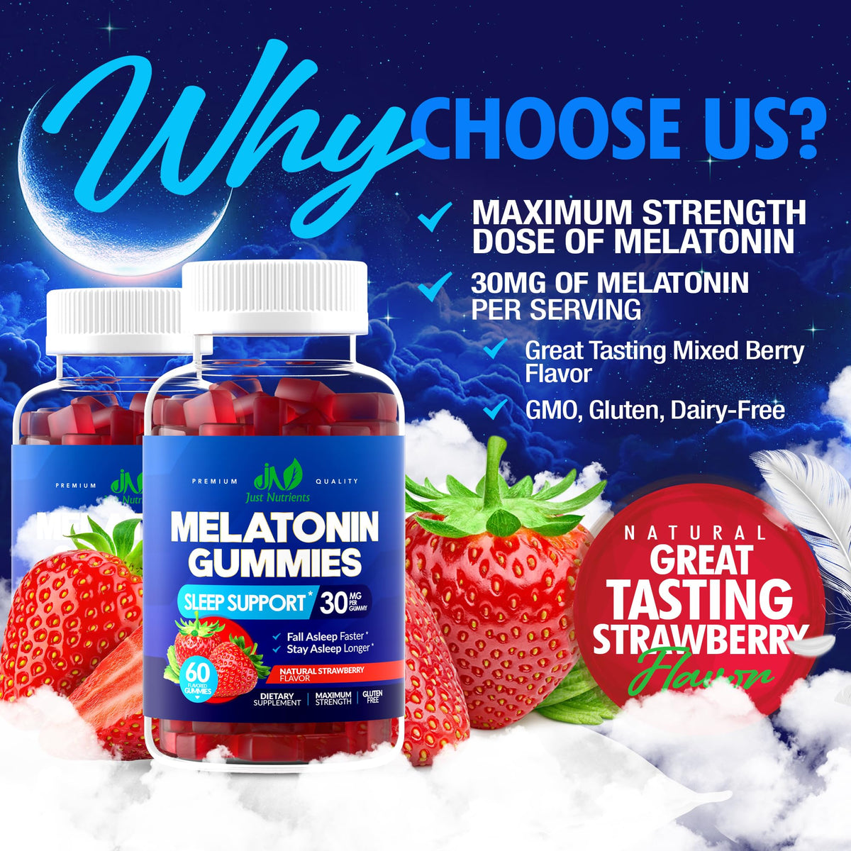 Melatonin 30mg Gummies for Adults (60 Servings) - Maximum Strength Sleep Support with 30mg of Melatonin Per Gummy - Gluten-Free, Sugar-Free, Non-GMO, 100% Vegetarian, Just Nutrients