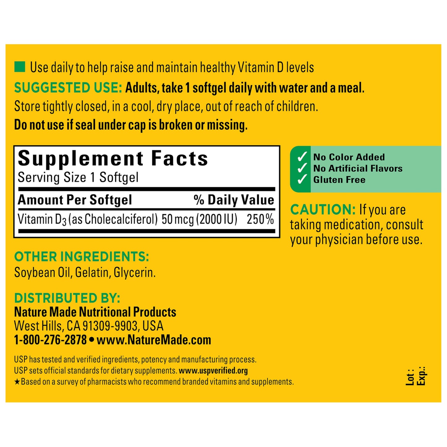 Nature Made Vitamin D3 2000 IU (50 mcg), Vitamin D Supplement for Bone, Teeth, Muscle and Immune Health Support, 250 Softgels, 250 Day Supply Nature Made