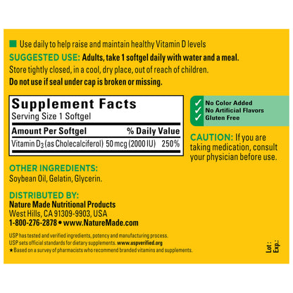 Nature Made Vitamin D3 2000 IU (50 mcg), Vitamin D Supplement for Bone, Teeth, Muscle and Immune Health Support, 250 Softgels, 250 Day Supply Nature Made