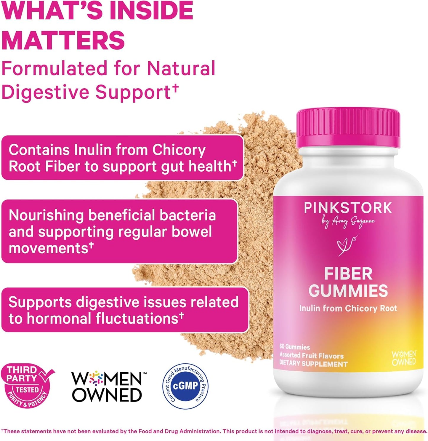 Pink Stork Prenatal Fiber Gummies for Women, 60 Vegan Chews | 3g Prebiotic Inulin from Chicory Root, Natural Pregnancy & Postpartum, Eases Occasional Constipation