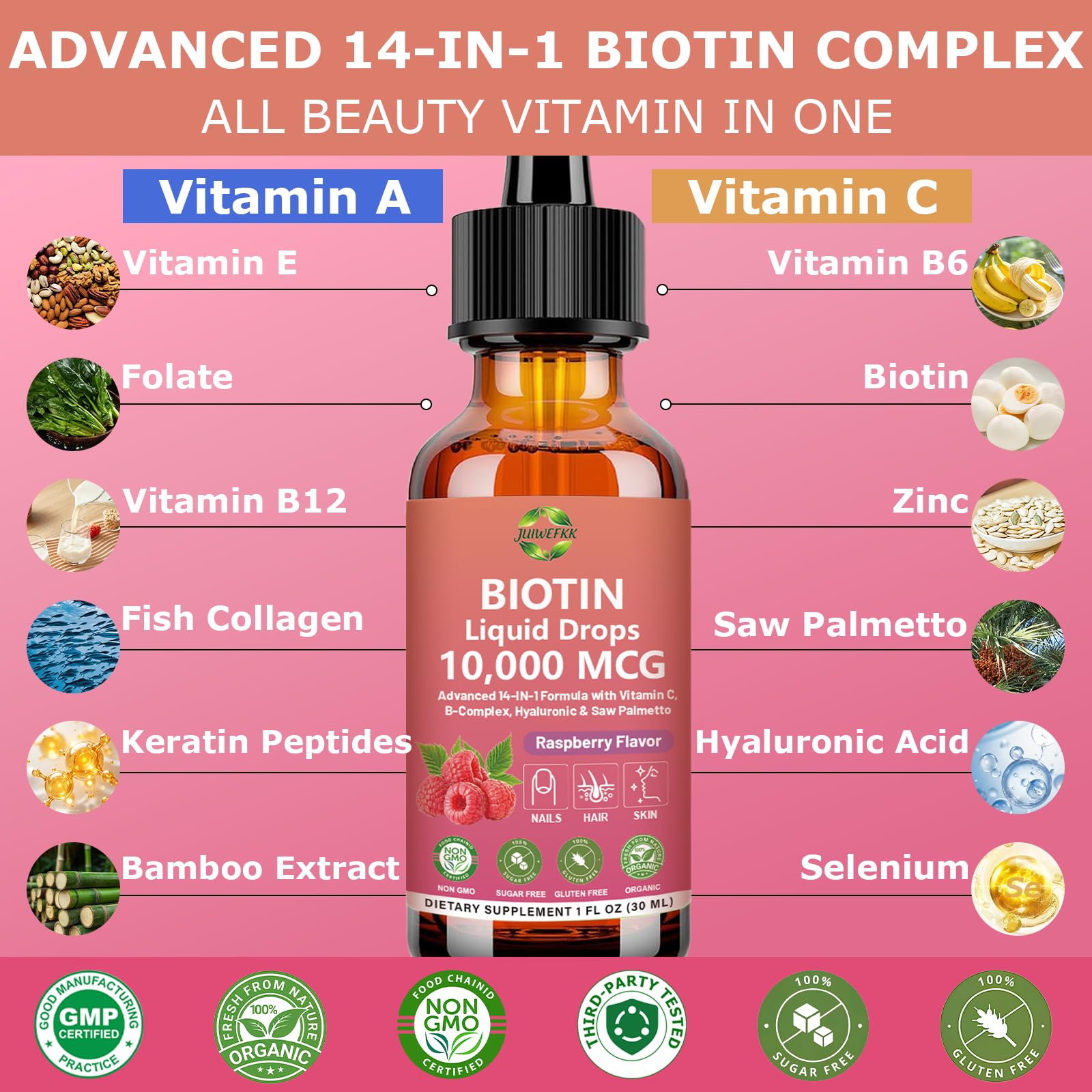 Pure Biotin 10000mcg Liquid Drop Optimal Solutions Hair Skin & Nails Vitamins Support w. Collagen Keratin Hyaluronic Acid Saw Palmetto, Biotin(Vitamin B7) for Hair Growth & Cellular Energy JUIWEFKK buy australia supplements