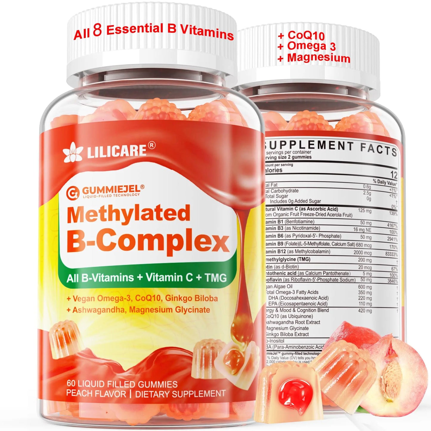 Super Methylated Vitamin B Complex Gummies - All B Vitamins + Omega-3, Magnesium, CoQ10, Ashwagandha,Vitamin C, TMG- For Women Men- Methyl B12 2000 mcg, Methylfolate LILICARE