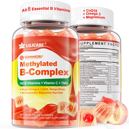 Super Methylated Vitamin B Complex Gummies - All B Vitamins + Omega-3, Magnesium, CoQ10, Ashwagandha,Vitamin C, TMG- For Women Men- Methyl B12 2000 mcg, Methylfolate LILICARE