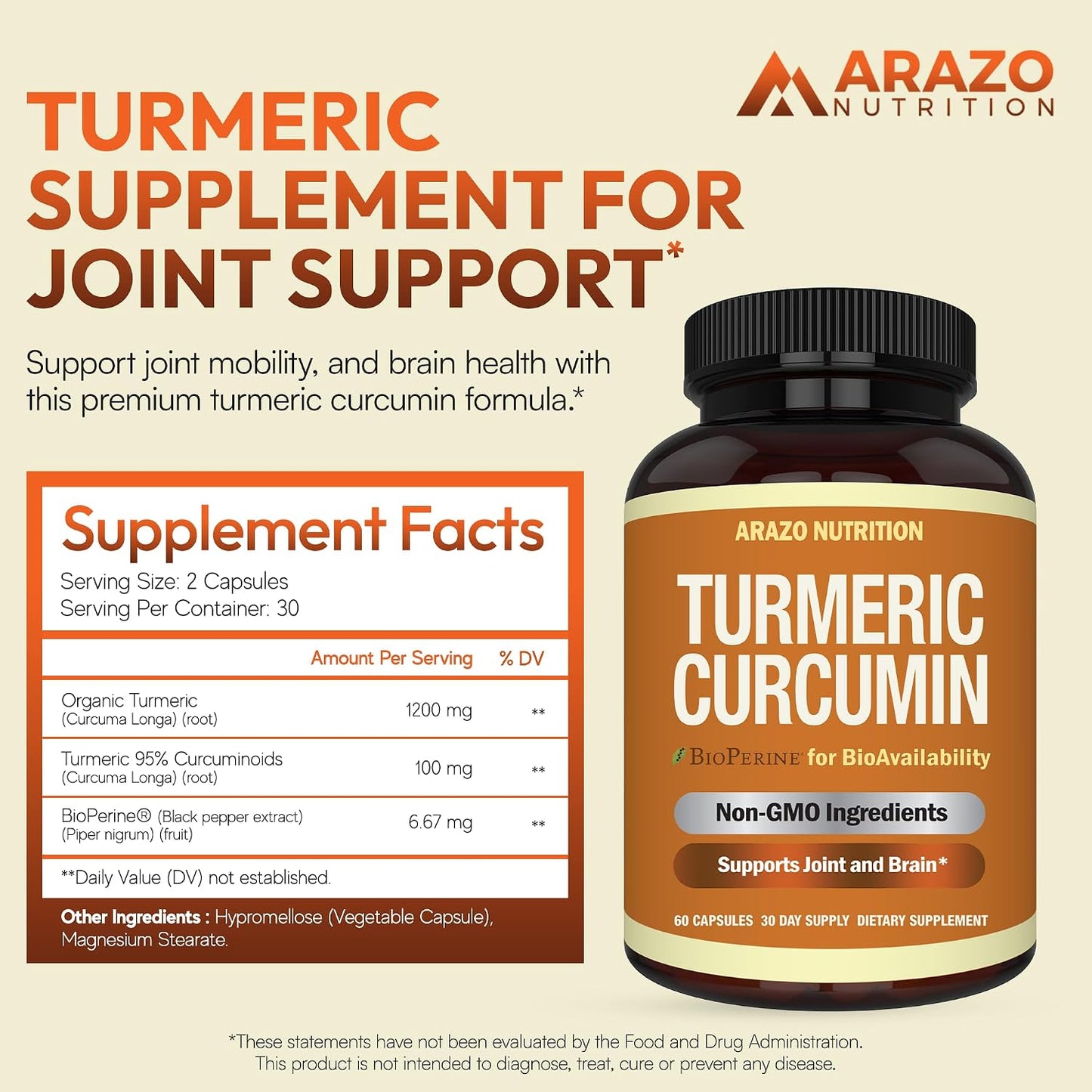 Arazo Nutrition Turmeric Curcumin with BioPerine Black Pepper Extract - 1300mg Per Serving - Joint Support Nutritional Supplements - 100% Herbal Tumeric Root Capsules Gsupps Australia
