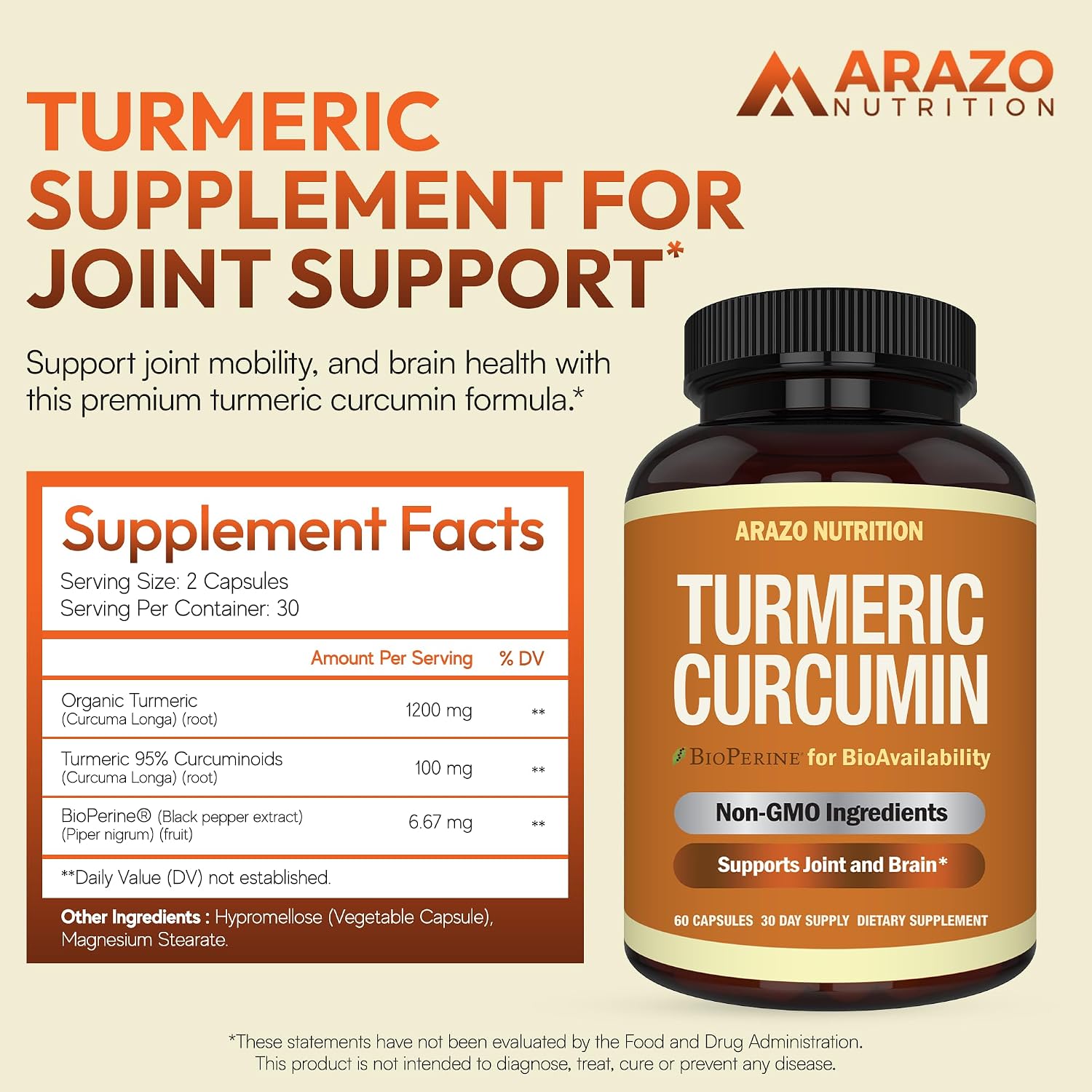 Arazo Nutrition Turmeric Curcumin with BioPerine Black Pepper Extract - 1300mg Per Serving - Joint Support Nutritional Supplements - 100% Herbal Tumeric Root Capsules Gsupps Australia