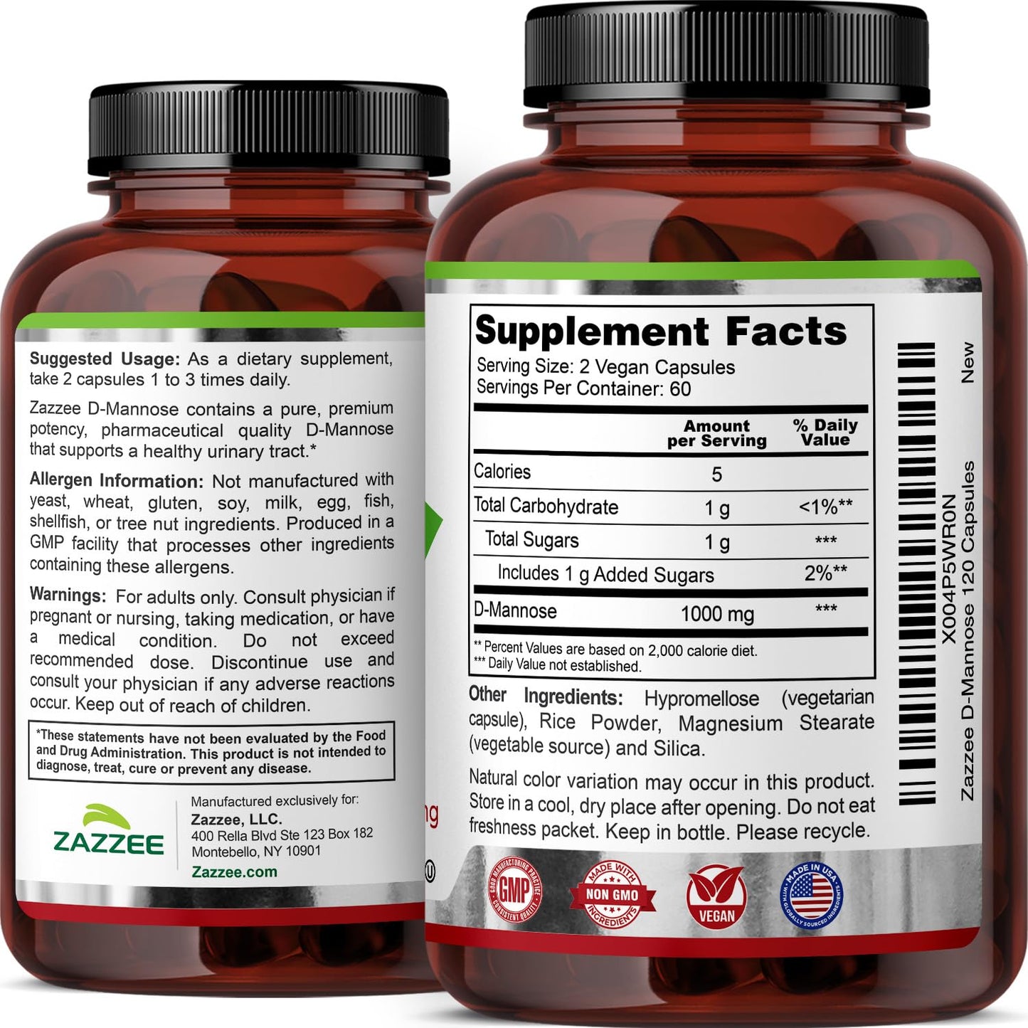 Zazzee D-Mannose, 1000 mg per Serving, 180 Vegan Capsules, 3 Month Supply | Potent & Fast-Acting, Certified Kosher, 100% Pure, All-Natural Urinary Tract Health Support, 100% Vegetarian, Non-GMO Gsupps Australia