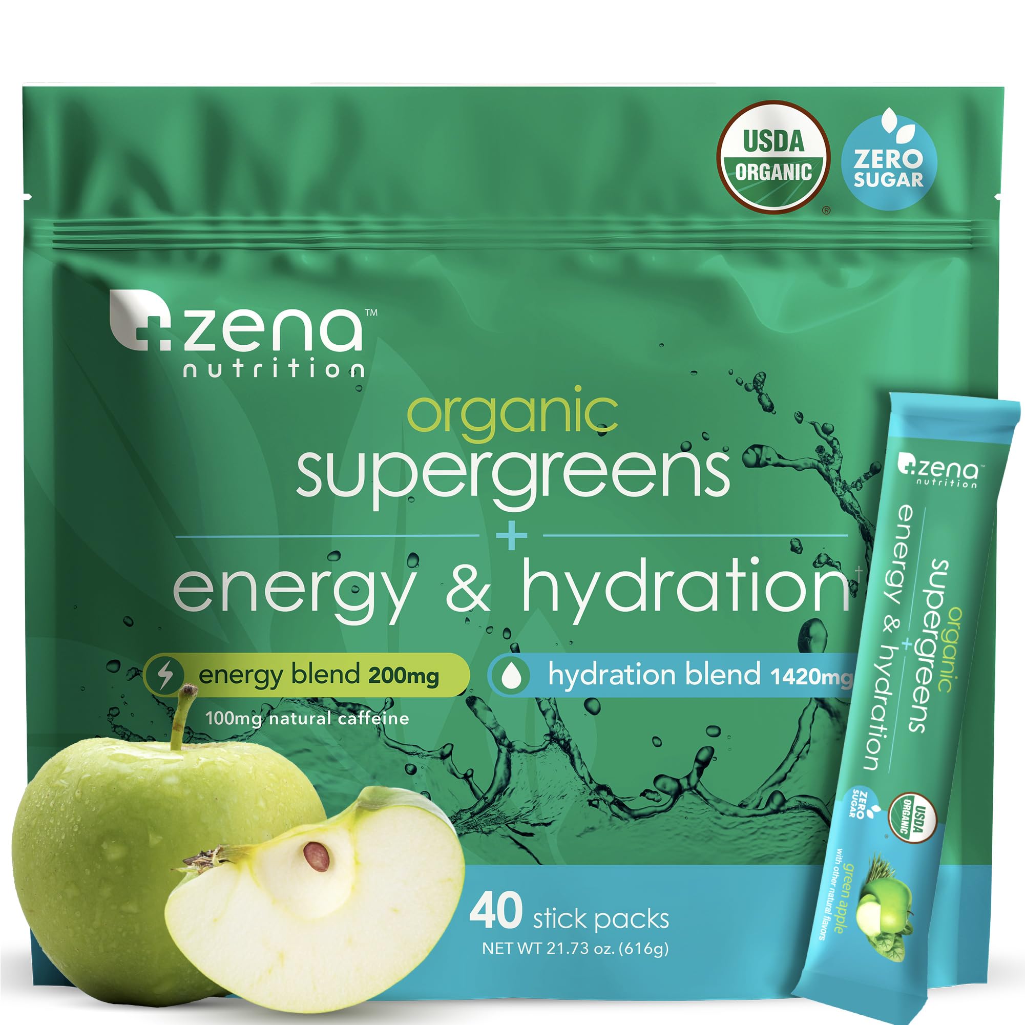 Zena Nutrition Organic Super Greens Energy & Hydration Powder, 70+ Superfoods, 0 Sugar, 5G Fiber, Spirulina, Chlorella, Prebiotics/Probiotics, Natural Caffeine + Electrolytes, 40 Drink Mix Packets Zena Nutrition buy australia supplements