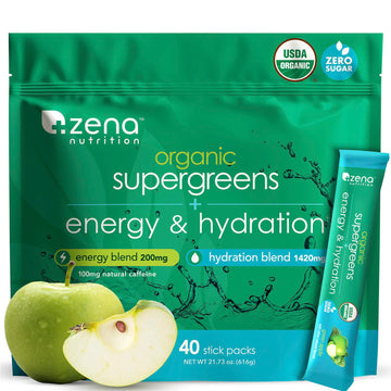 Zena Nutrition Organic Super Greens Energy & Hydration Powder, 70+ Superfoods, 0 Sugar, 5G Fiber, Spirulina, Chlorella, Prebiotics/Probiotics, Natural Caffeine + Electrolytes, 40 Drink Mix Packets Zena Nutrition buy australia supplements