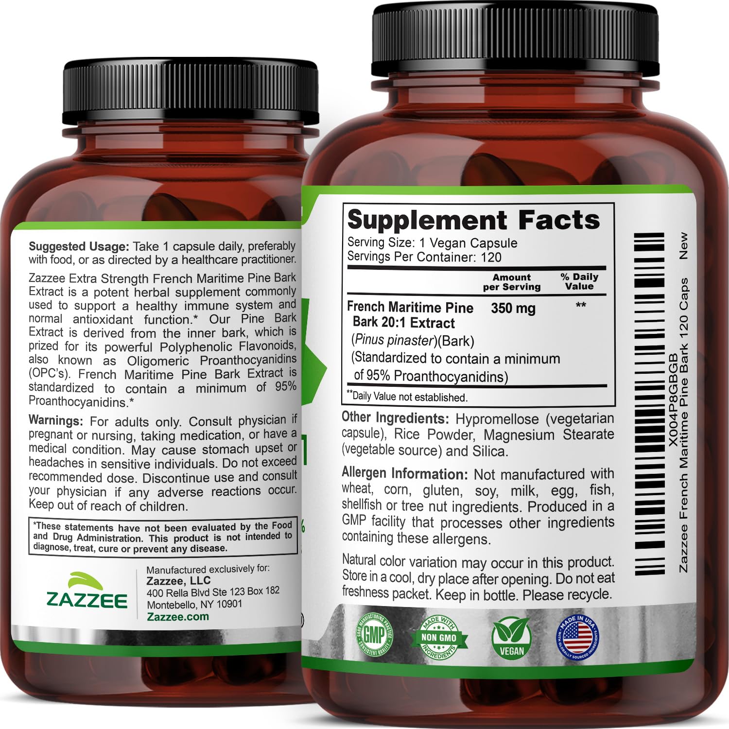Zazzee Extra Strength French Maritime Pine Bark Extract 20:1, 180 Capsules | 350 mg Per Capsule, 95% Proanthocyanidins, Vegan, 6 Month Supply, Certified Kosher, Antioxidant Support, Non-GMO, Made in USA Gsupps Australia