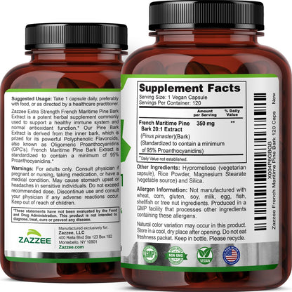 Zazzee Extra Strength French Maritime Pine Bark Extract 20:1, 180 Capsules | 350 mg Per Capsule, 95% Proanthocyanidins, Vegan, 6 Month Supply, Certified Kosher, Antioxidant Support, Non-GMO, Made in USA Gsupps Australia