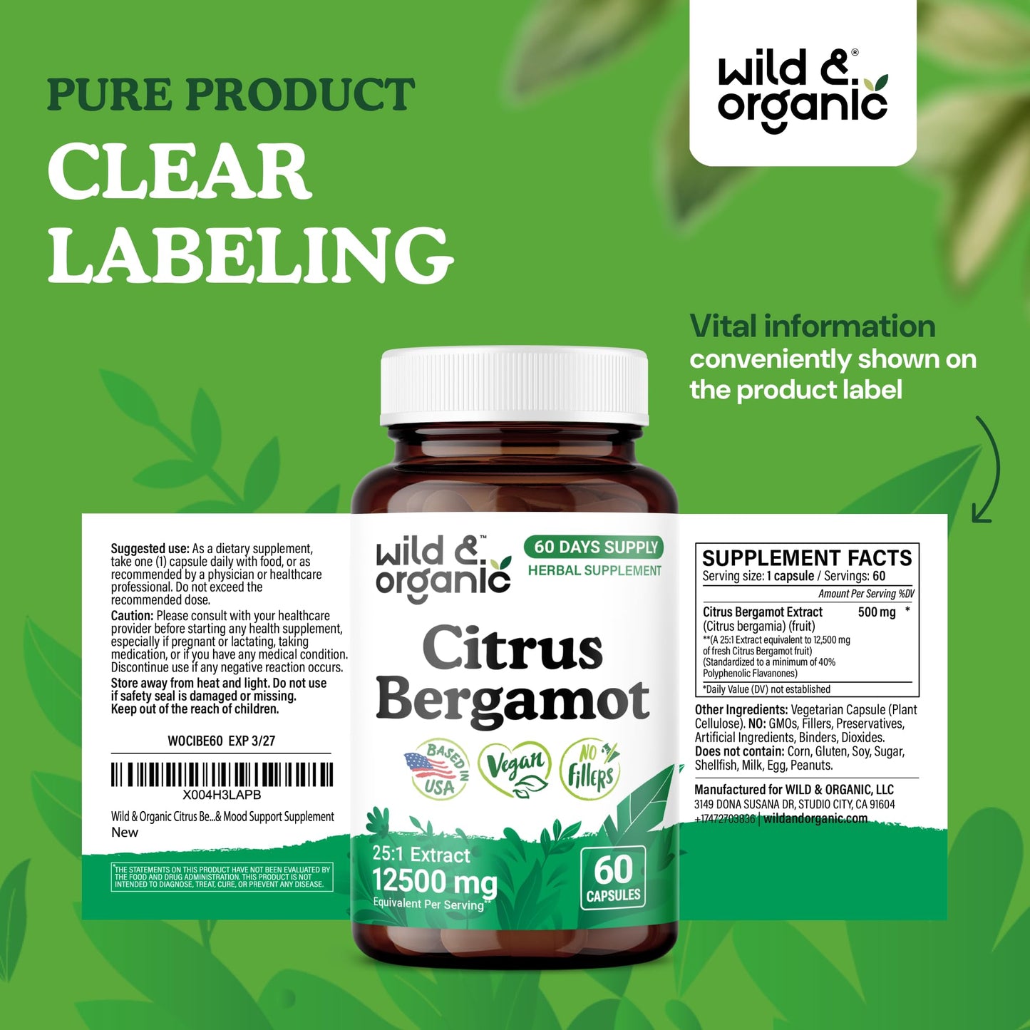 Wild & Organic Citrus Bergamot Capsules - Antioxidant & Overall Support - Citrus Bergamot Extract Capsules - Bergamia Fruit Powder Supplement Wild & Organic