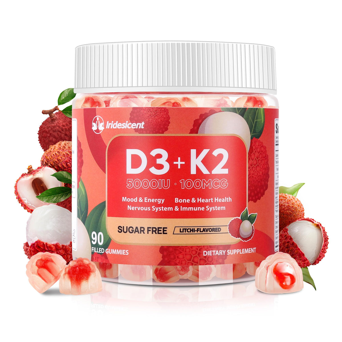 Vitamin D3 K2 Gummies w/Magnesium Sugar Free - 90 Count | D3 Vitamin 5,000 IU + K2(MK-7) 100 mcg - Vegan K2 D3 Vitamin Supplement, Highly Absorbent Supports Bone IRIDESICENT