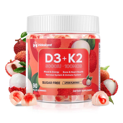 Vitamin D3 K2 Gummies w/Magnesium Sugar Free - 90 Count | D3 Vitamin 5,000 IU + K2(MK-7) 100 mcg - Vegan K2 D3 Vitamin Supplement, Highly Absorbent Supports Bone IRIDESICENT