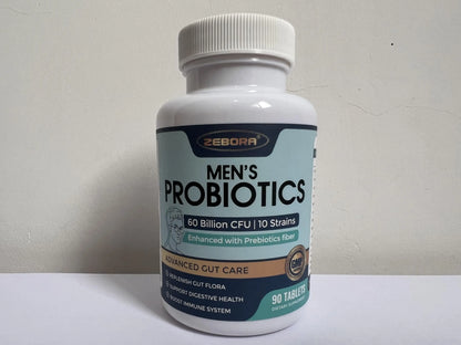 ZEBORA Probiotics for Men and Prebiotics for Digestive Health, 90 Tablets, 60 Billion CFUs for Immune and Gut Health, 10 Strains, Hypoallergenic Probiotics, ZEBORA