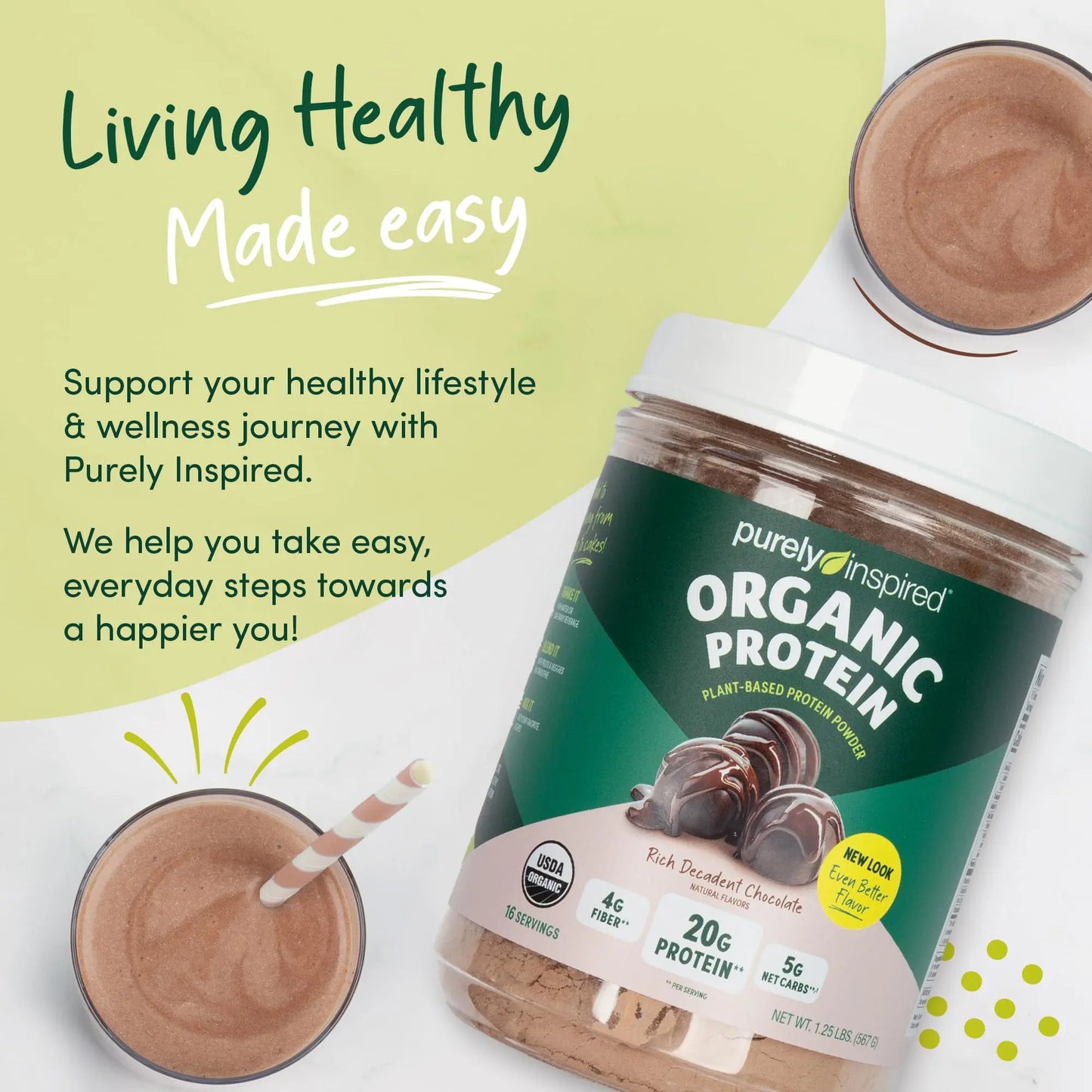 Purely Inspired Plant-Based Protein Powder for Men & Women, Rich Decadent Chocolate (16 Servings) - Vegan & Organic - 20g of Pea Protein Powder for Smoothies & Shakes Purely Inspired
