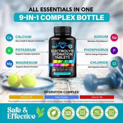 Electrolytes - Electrolyte Tablets with Magnesium, Sodium, Potassium, Chloride, Vitamins D3 & B6, Kelp Powder - Salt Pills - Made in USA NUTRAHARMONY