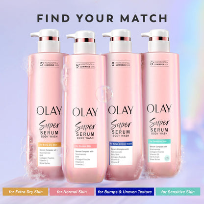 Olay Super Serum Body Wash for Extra Dry Skin, 24hr Long Lasting Rich Hydration, 5+ Ingredient Complex for Bright, Even, Firm, & Luminous Skin, with Collagen Peptide, Vitamin C & Shea Butter, 20 fl oz Olay