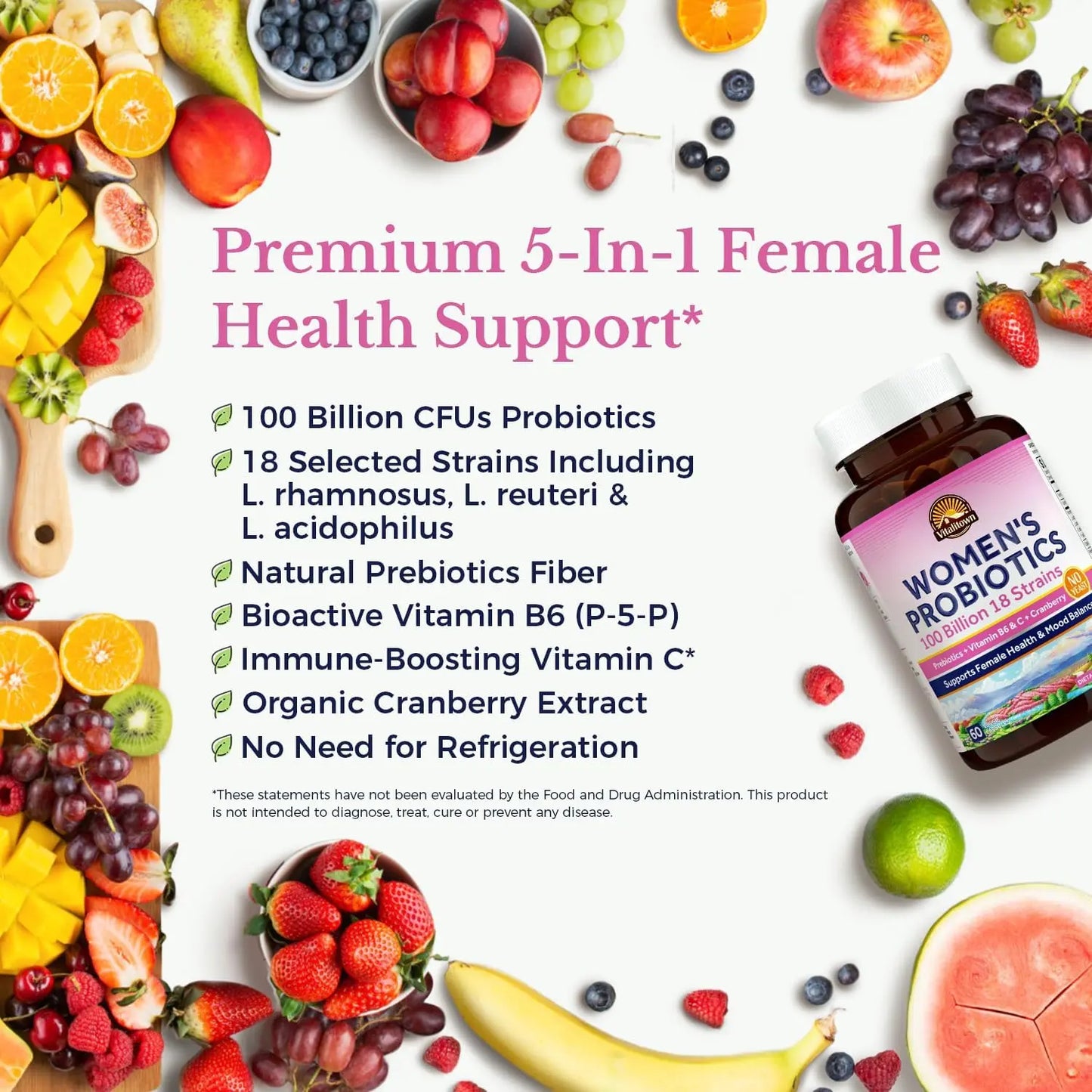 Vitalitown Women's Probiotics | 100 Billion CFUs 18 Strains | Prebiotics, VC & B6, Cranberry | Shelf Stable | Vaginal, Urinary Vitalitown