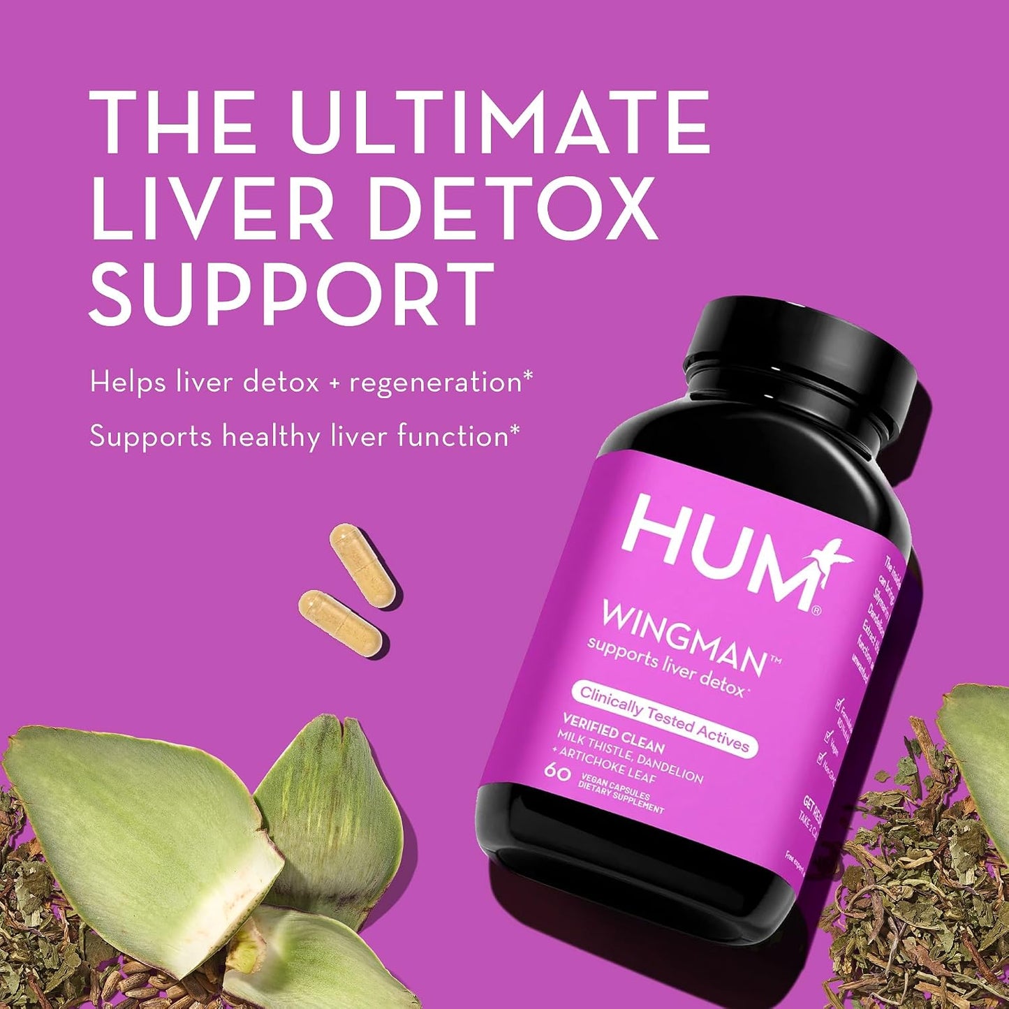 HUM Full Skin and Liver Health Supplement from Nutrition, Wingman and Daily Cleanse A Green Detox & Milk Thistle for Skin Care Support and Liver Health, 2 Pack Bundle, 60 Vegan Capsules
