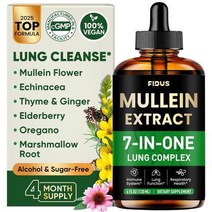 Mullein Drops for Lungs, 120 Servings - Mullein Leaf with 7 Herbs Echinacea, Oregano, Ginger, Elderberry, Marshmallow Root & Thyme - Lung Detox for Smokers Fidus