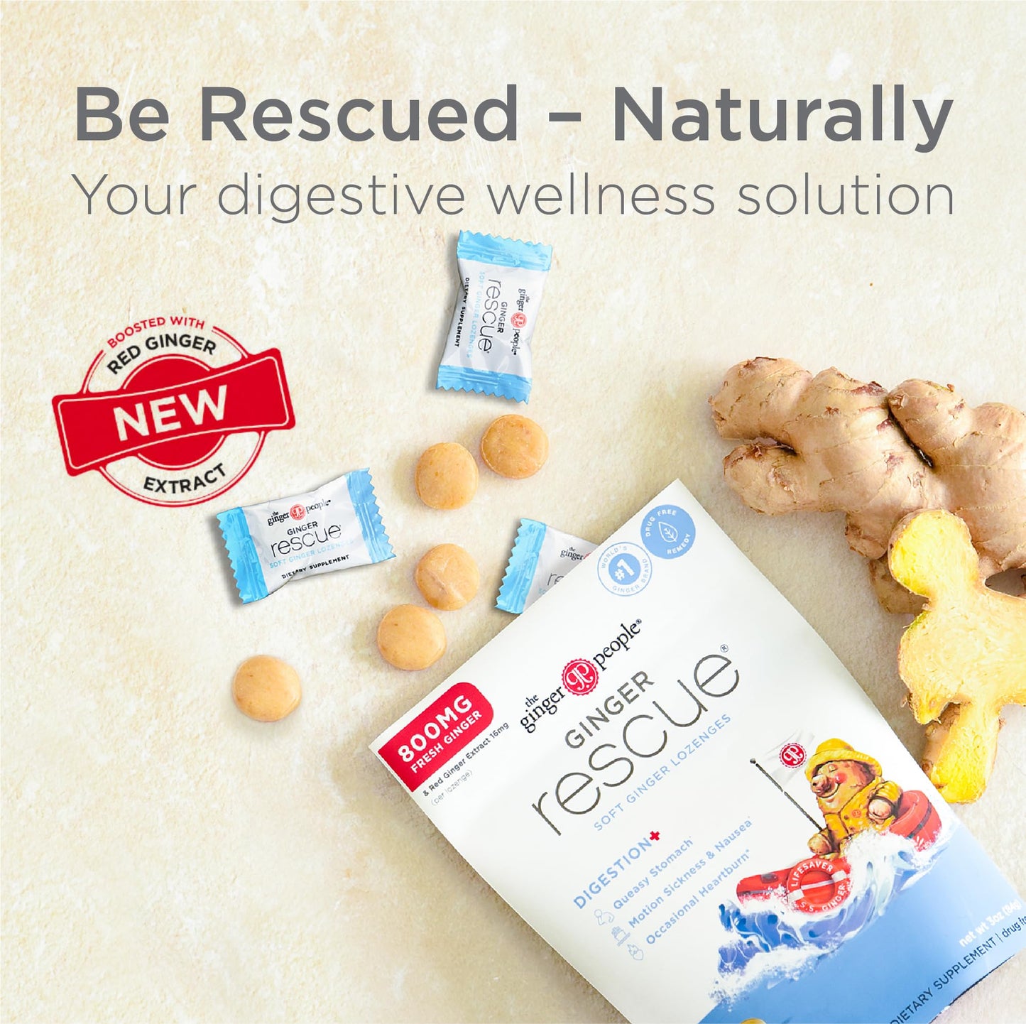 The Ginger People Ginger Rescue Digestive Wellness Lozenges (Soft) | Extra Strength - 800mg | Nausea, Upset Stomach, Motion Sickness The Ginger People