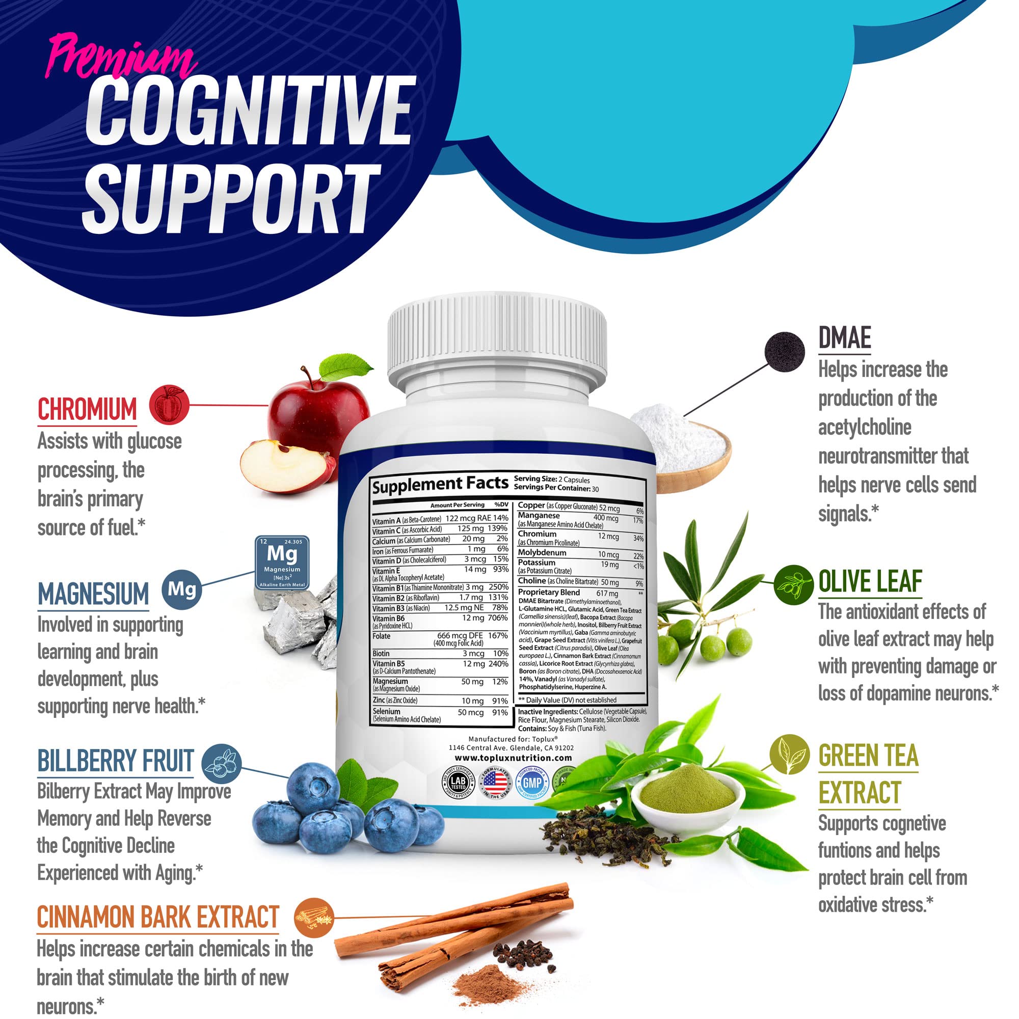 Toplux Brain Supplement Nootropic – Brain Pills Vitamin with DMAE, Bacopa Monnieri, L-Gutamine, for Men Women, 60 Capsules, Nutrition Toplux buy australia supplements