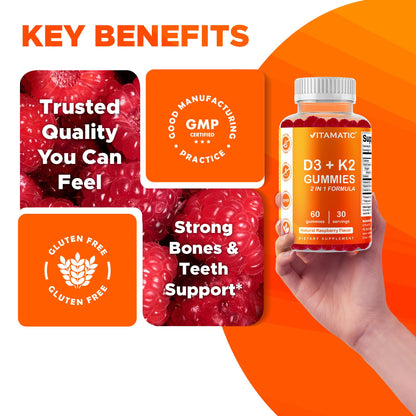 Vitamatic Vitamin D3 & K2 Gummies (2-Pack, 60 Count) Supports Healthy Bones, Heart Health, Calcium Absorption, Vitamatic