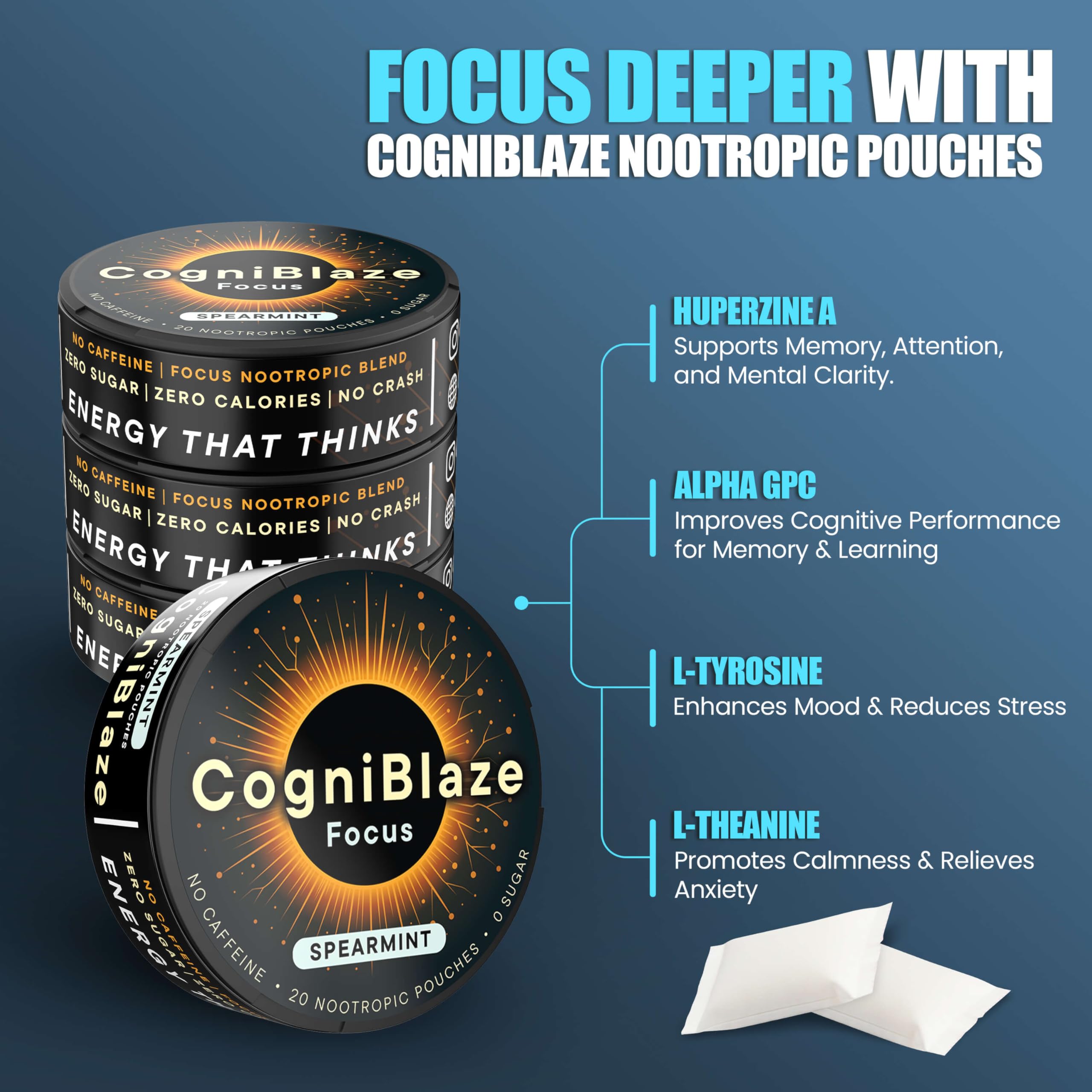 CogniBlaze Nootropic Pouches Caffeine Free (Spearmint) | 80 Focus Pouches for Clarity | 4 Pack (20 Per Can) | Mental Energy Pouches | 25mcg Huperzine A per Nootropic Pouch | Zero Calories CogniBlaze buy australia supplements