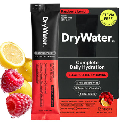 DryWater Electrolyte Powder Packets, Raspberry Lemon - Stevia-Free Hydration Packets Drink Mix with Zero Added Sugar for Rehydration & Energy - 6 Key Electrolytes DryWater