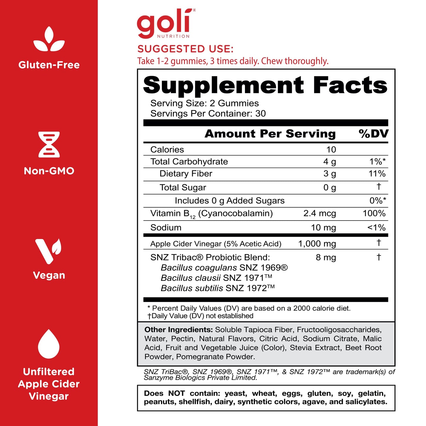 Goli Zero Sugar Apple Cider Vinegar Gummies - ACV with Vitamin B12 and Probiotics - No Sugar Alcohols - Vegan, Keto-Friendly, Gluten-Free Goli