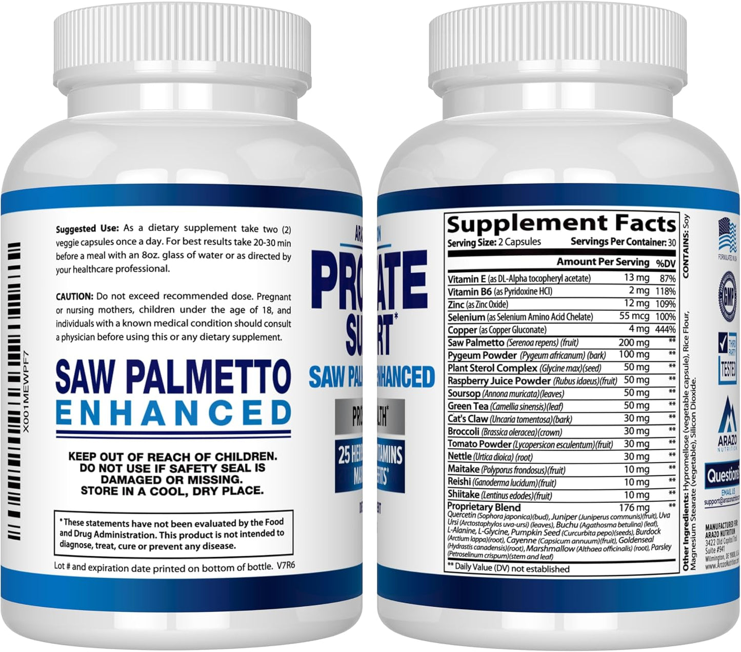 Arazo Nutrition Prostate Supplement - Saw Palmetto + 25 Herbs - Reduce Frequent Urination, Reduce Hair Loss, Support Stamina – Single Homeopathic Herbal Extract Health Supplements - Capsule or Pill Gsupps Australia