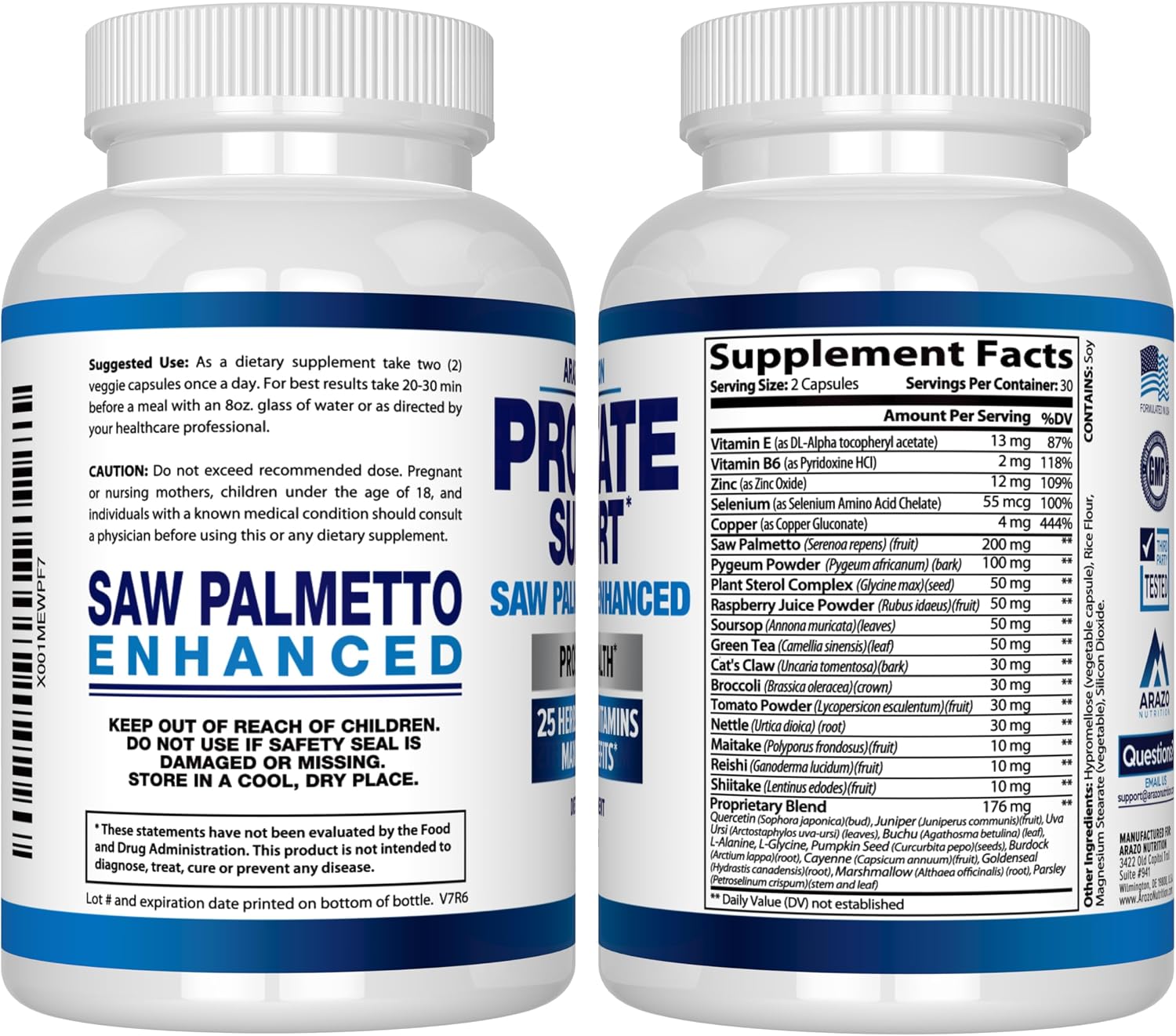 Arazo Nutrition Prostate Supplement - Saw Palmetto + 25 Herbs - Reduce Frequent Urination, Reduce Hair Loss, Support Stamina – Single Homeopathic Herbal Extract Health Supplements - Capsule or Pill Gsupps Australia