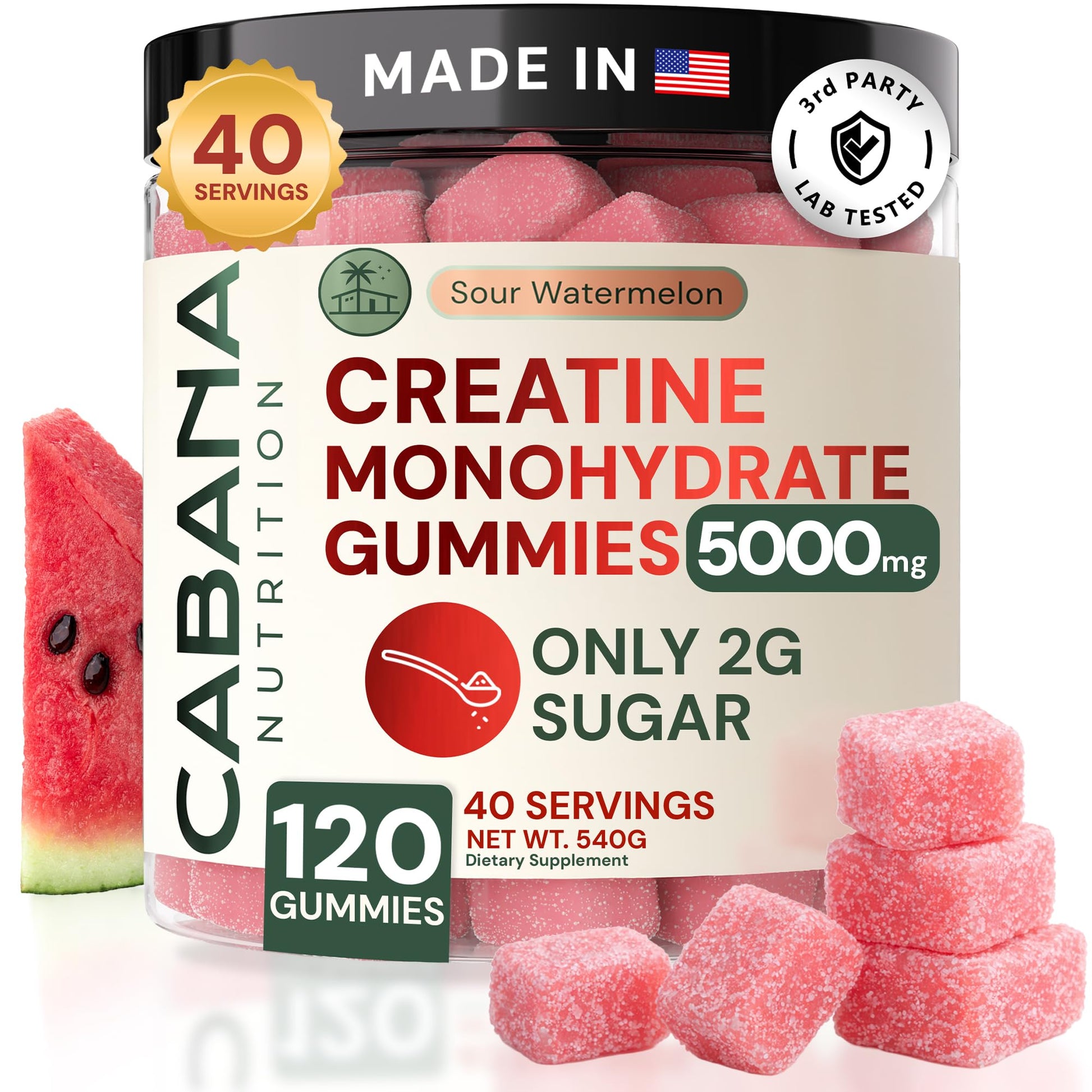 Creatine Monohydrate Gummies 5g - Only 2g Sugar, Made in USA - Sour Watermelon Flavor - Vegan & 3rd Party Tested - Pre & Post Workout Supplement for Women and Men (120 Count, 40 Servings) Cabana Nutrition buy australia supplements