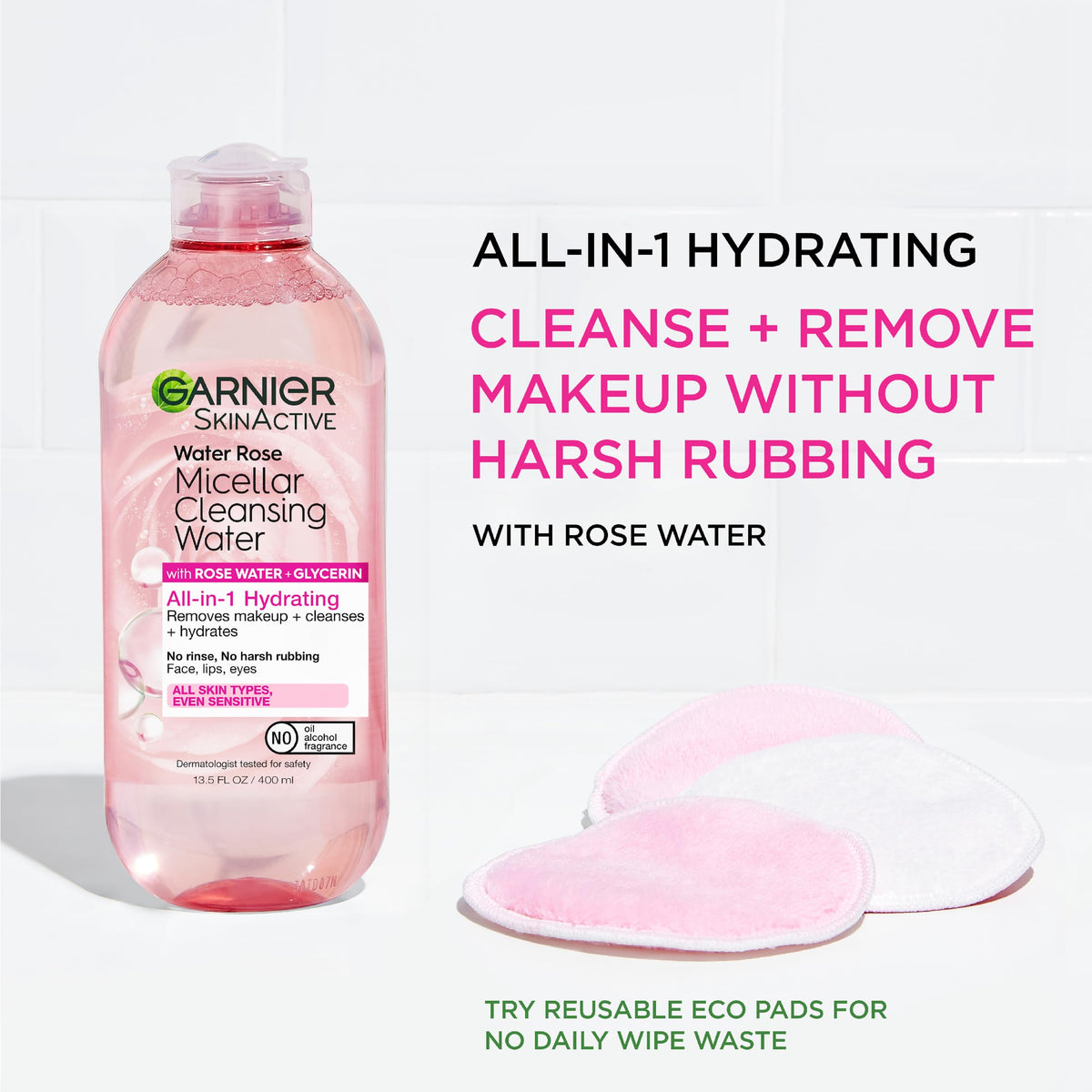 Garnier Micellar Water with Rose Water and Glycerin, Hydrating Facial Cleanser & Makeup Remover, For All Skin Types, Vegan, Cruelty Free, 13.5 Fl Oz (400mL), 1 Count Garnier