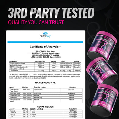 Bold Buns Creatine for Women – Supplement with Collagen & BCAA – Supports Muscle Development, Post-Workout Recovery, Skin Elasticity, Bold Buns