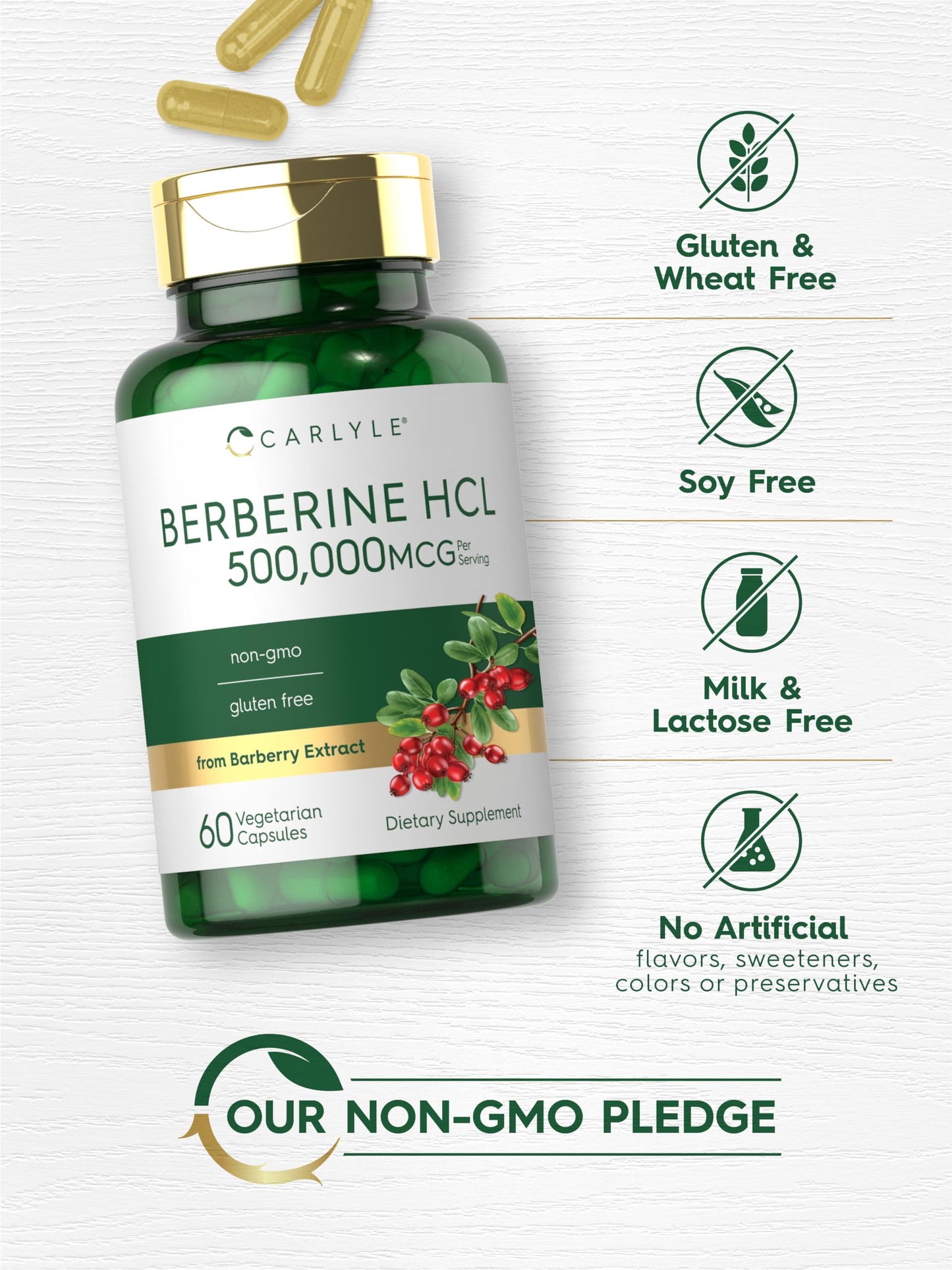 Carlyle Berberine HCL Supplement | 500,000mcg | 60 Capsules | Vegetarian, Non-GMO, Gluten Free Carlyle