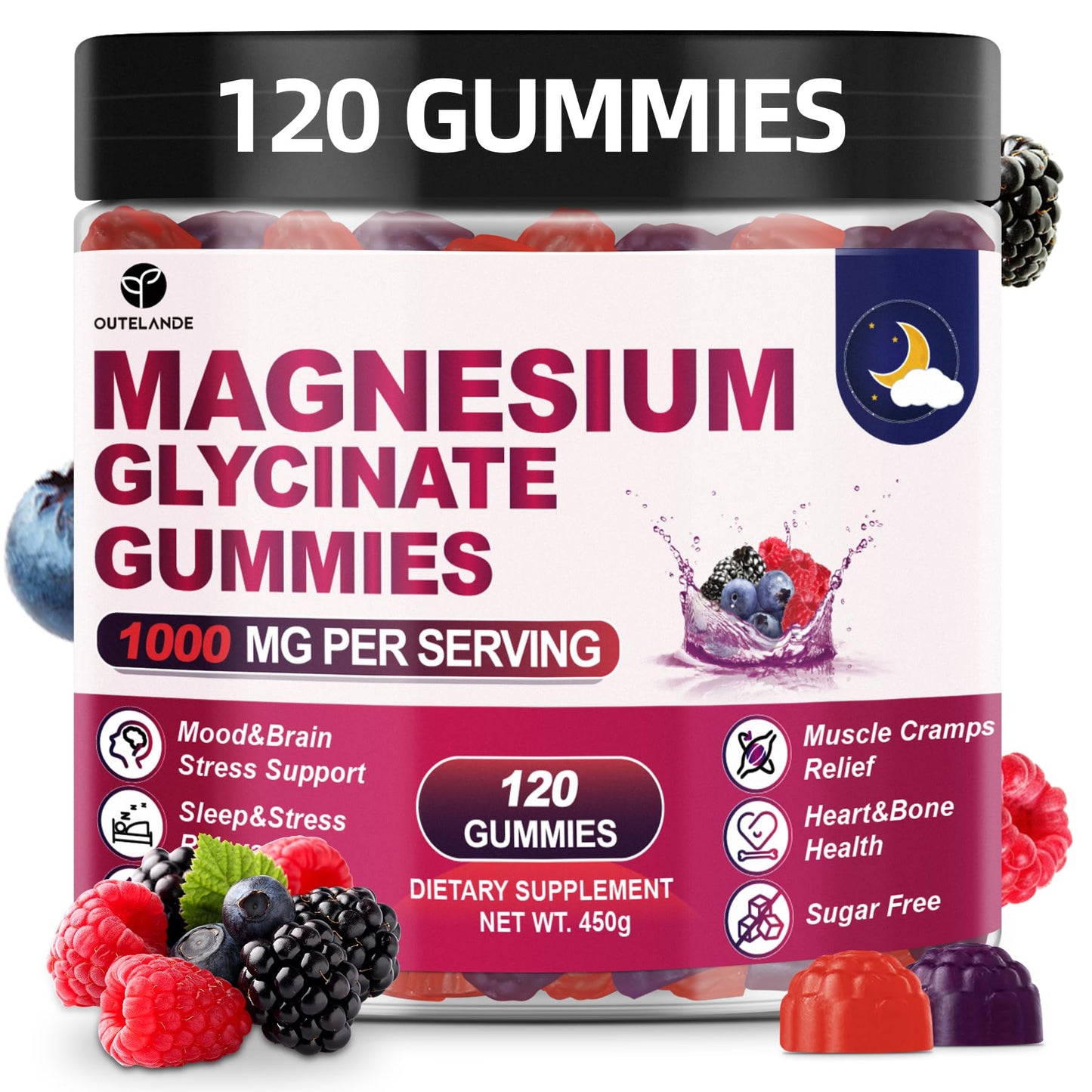 120 CT Magnesium Glycinate Gummies 1000 mg for Women and Men, Magnesium Malate & Taurate Supplements for Sleep, Body Support and Relaxation, Sugar Free OUTELANDE