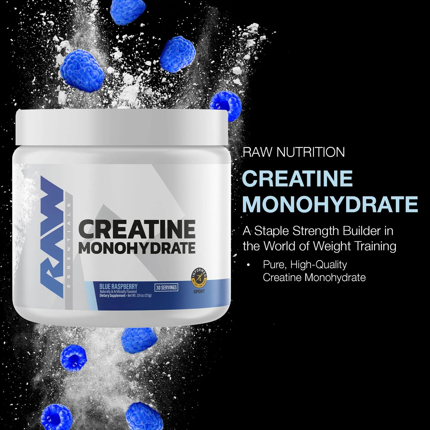 RAW Nutrition Creatine Monohydrate Powder, Blue Raspberry (30 Servings) - Micronized Creatine Monohydrate Supplement for Workout Performance, Build Muscle & Strength RAW