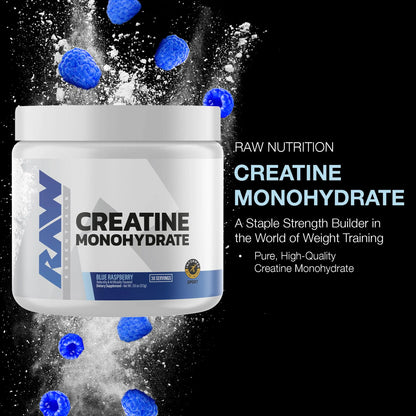 RAW Nutrition Creatine Monohydrate Powder, Blue Raspberry (30 Servings) - Micronized Creatine Monohydrate Supplement for Workout Performance, Build Muscle & Strength RAW