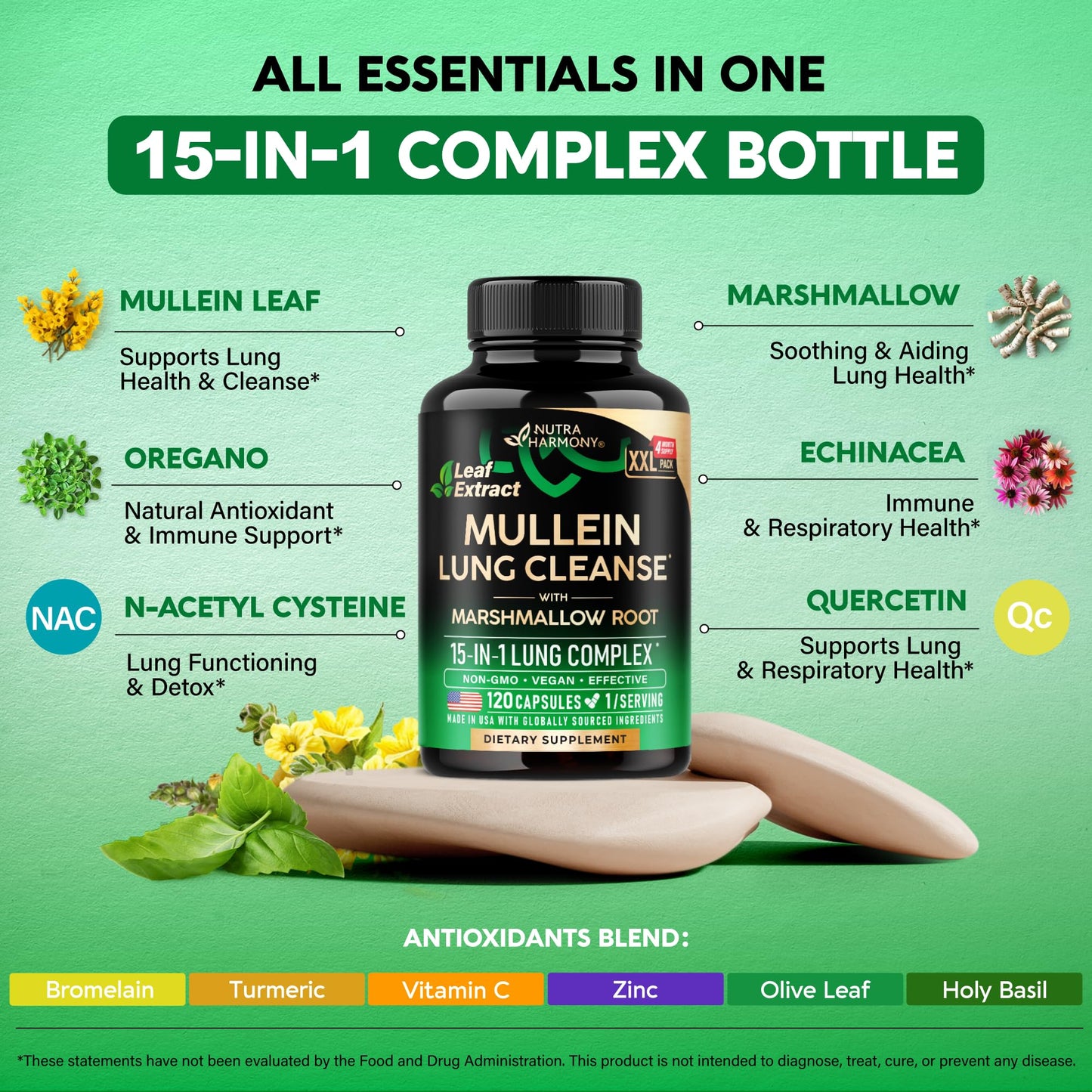Mullein Lung Detox - Mullein Leaf Extract - Marshmallow Root | Echinacea | Oregano | Quercetin | NAC - 15-in-1 Lung Support & Cleanse for Smokers Supplement NUTRAHARMONY