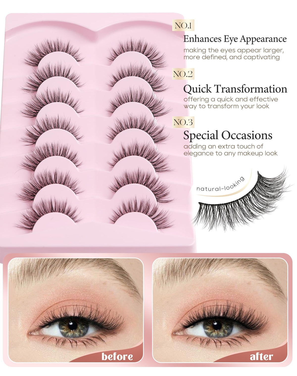 Onlyall Natural Lashes Wispy Lashes Natural Look False Eyelashes Flared Eyelashes 7 Pairs D-K06 Onlyall