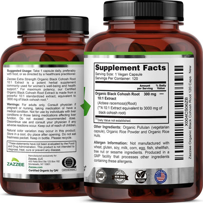 Zazzee USDA Organic Black Cohosh 10:1 Extract, 120 Vegan Capsules | 4 Month Supply, Actaea Racemosa, Women’s Health & Hormonal Balance Support, All-Natural, Non-GMO, Made in the USA Gsupps Australia