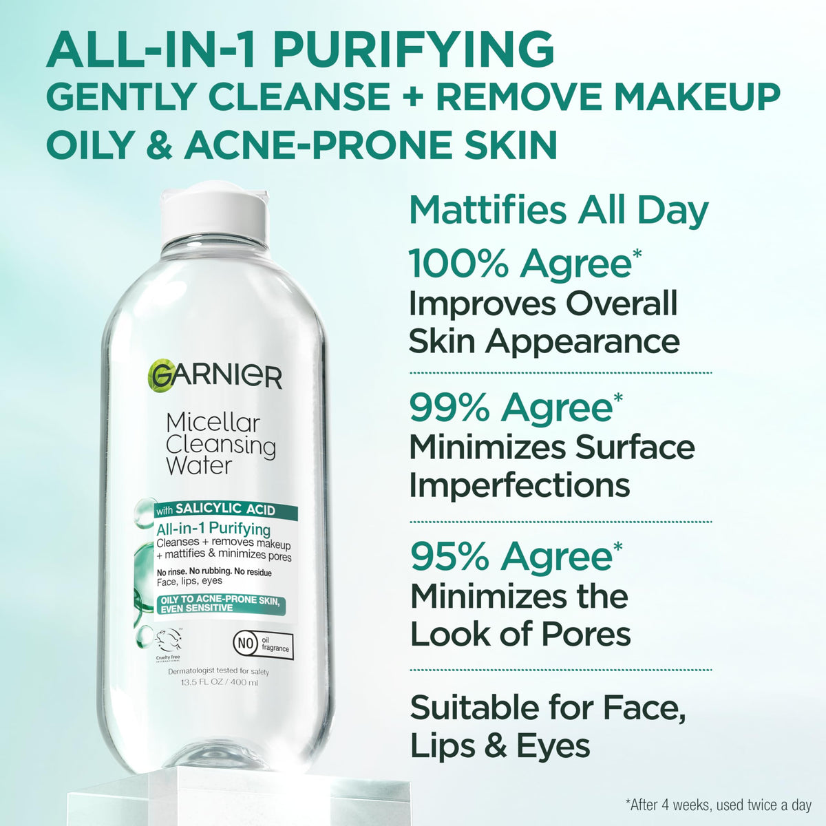 Garnier Micellar Water with Salicylic Acid, All-in-1 Mattifying Facial Cleanser and Makeup Remover for Oily and Acne Prone Skin, 13.5 Fl Oz Garnier