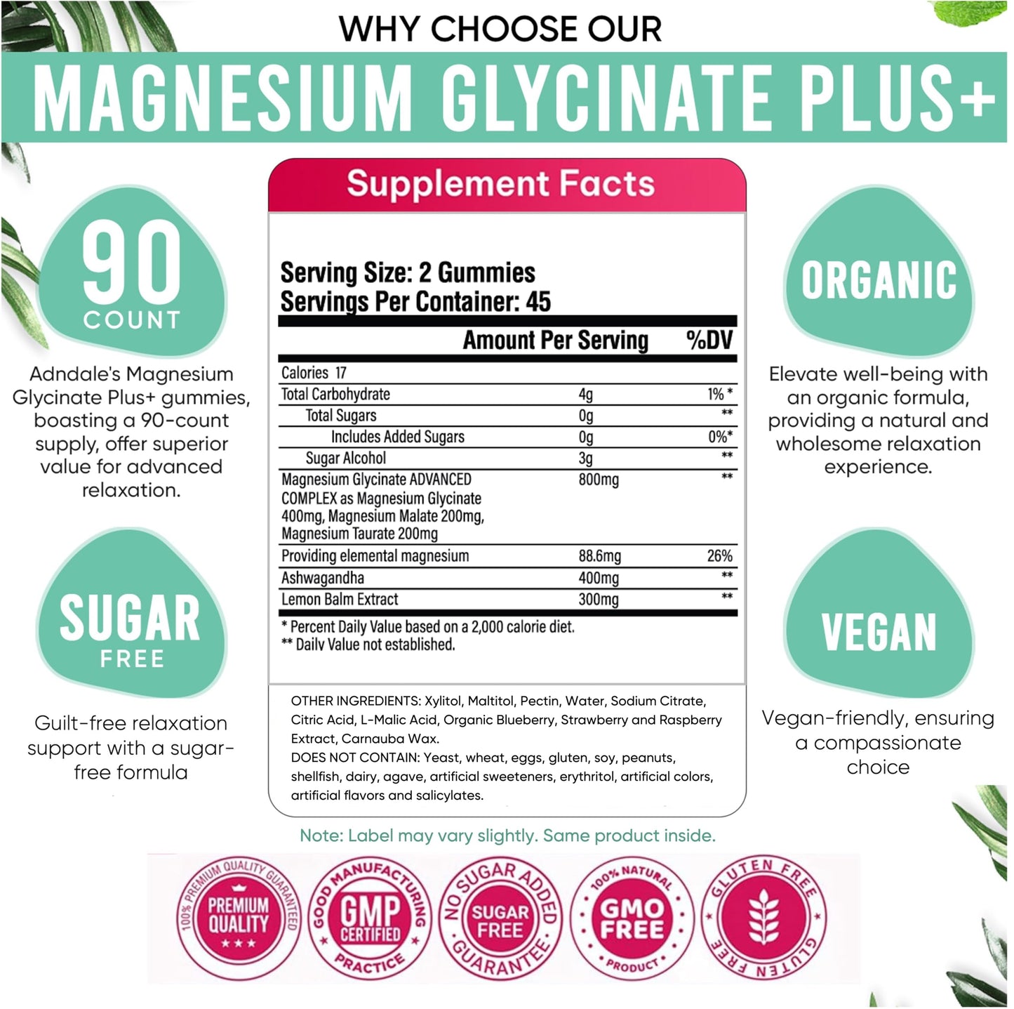 Adndale 180 CT Magnesium Glycinate Gummies 400 mg/Serv with Ashwagandha, Magnesium Malate & Taurate Adndale