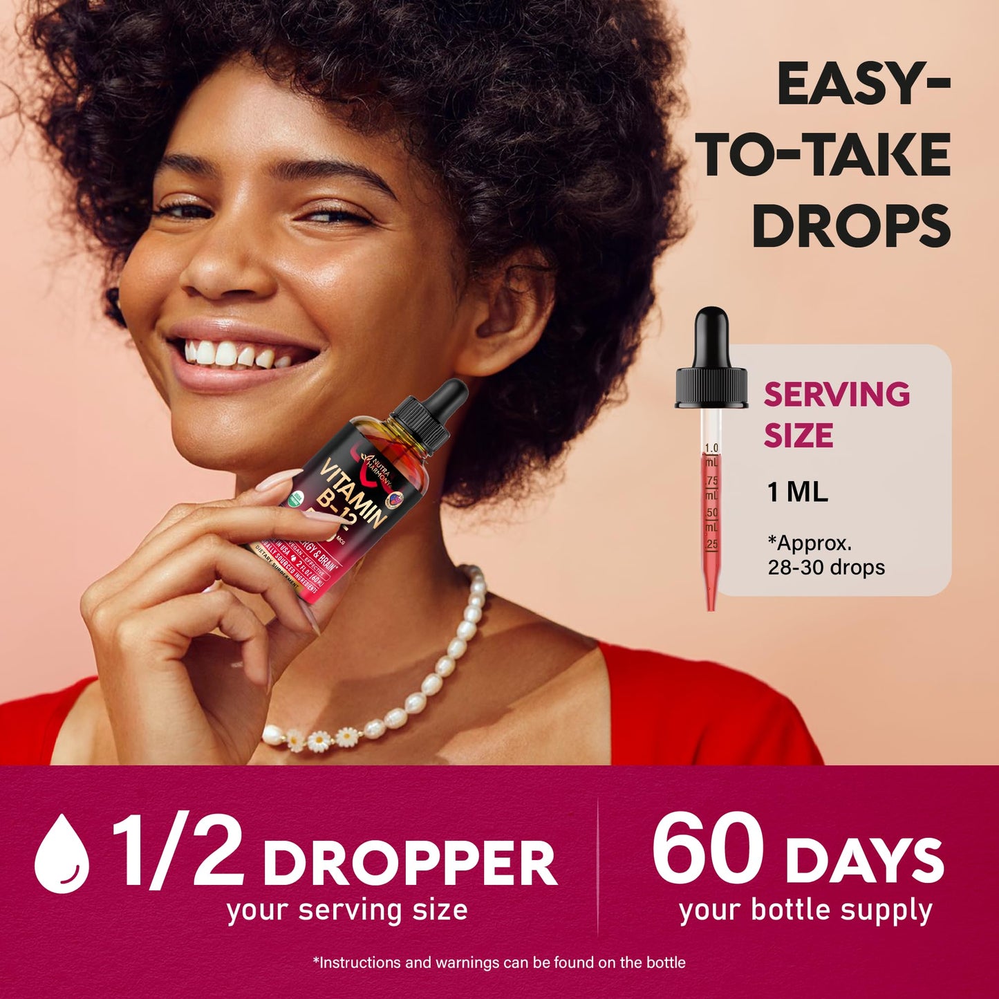 USDA Organic Vitamin B12 Sublingual Drops - 5000 mcg Liquid Vegan Methylcobalamin for Women & Men - Energy Boost, Focus & Mood, Brain Health Support NUTRAHARMONY