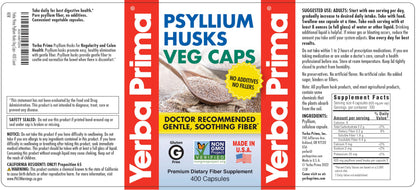 Yerba Prima Psyllium Husks Veg Caps, 400 Capsules (625mg) - Vegan, Non-GMO, Gluten Free, Colon Cleanser Yerba Prima