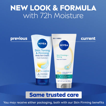 NIVEA Skin Firming & Toning Body Gel Cream with Q10, Hyaluronic Acid and Vitamin C, Clinically Tested Skin Firming & Toning Cream, 72-Hour Moisture, 6.7 Oz Tube NIVEA