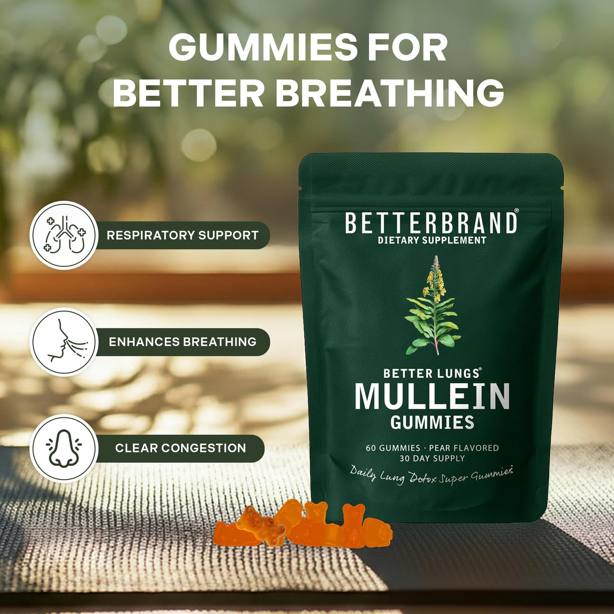 Betterbrand Mullein Chewable Gummies for Lung Cleanse and Detox, Respiratory Health Supplement, 1000mg Mullein Extract per Serving, 60 Gummies Betterbrand