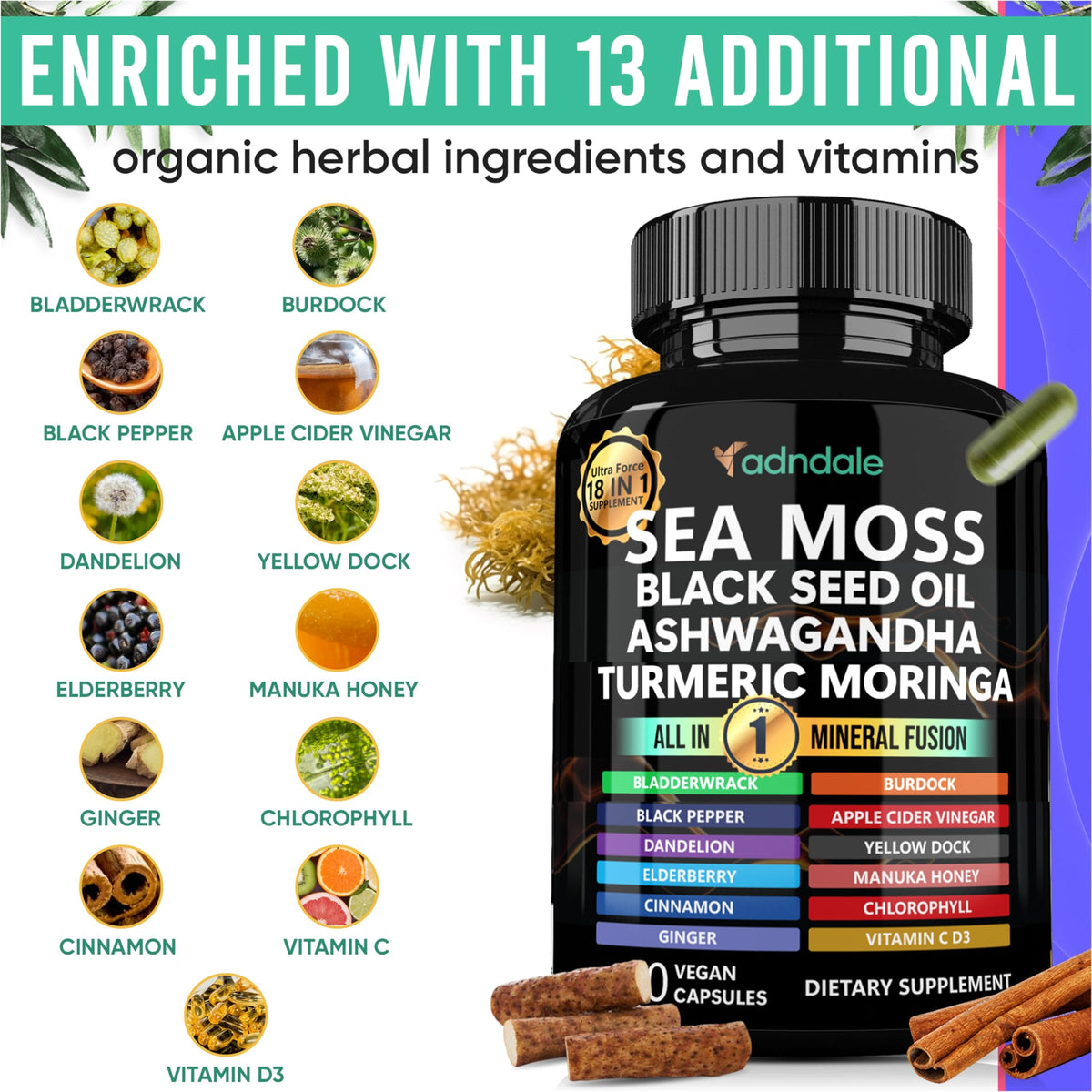 Adndale Sea Moss Capsules - Sea Moss Blend with Ashwagandha, Turmeric- 90 Count Adndale