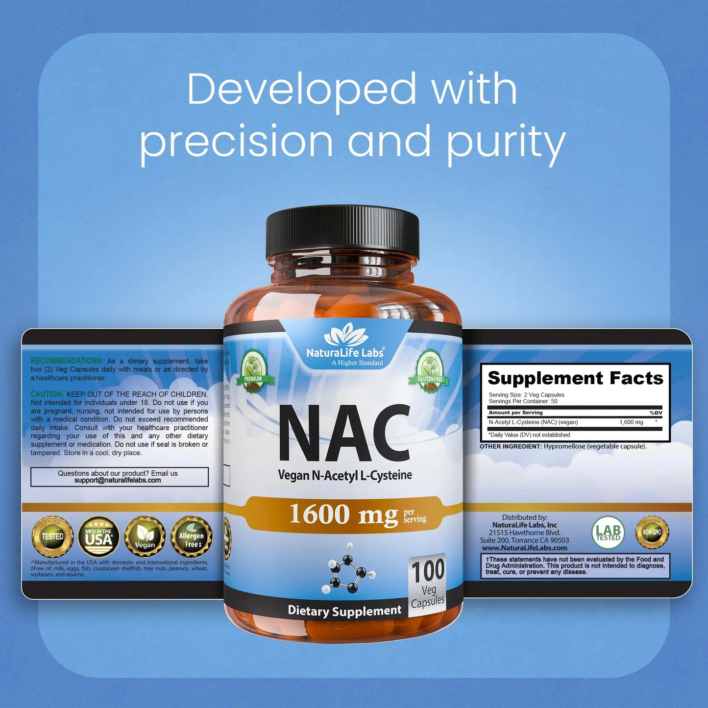 NaturaLife Labs N-Acetyl-L-Cysteine (NAC) 1600 mg – 100 Capsules - Vegan, Non-GMO & Gluten-Free NaturaLife Labs